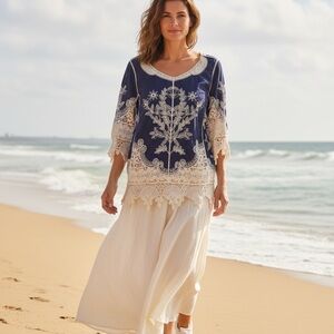 Navy and Cream Embroidered Top